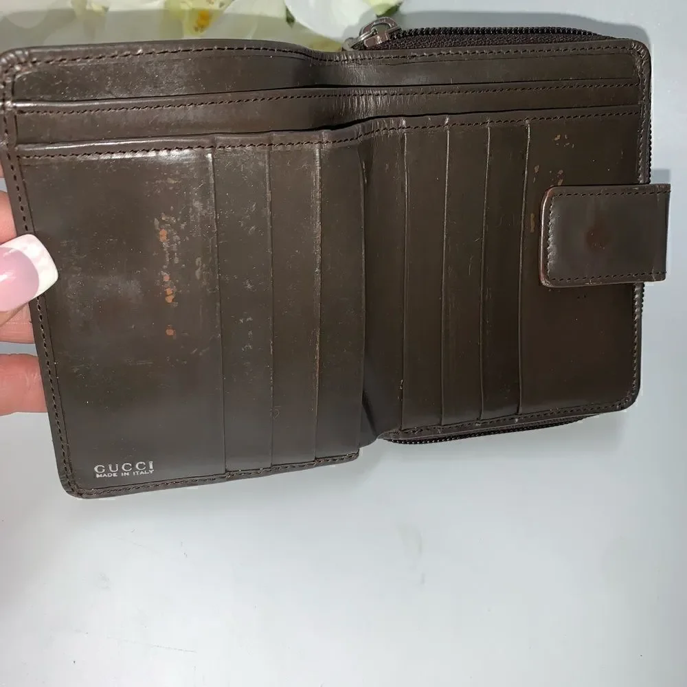 Authentic Gucci Leather/Canvas Bamboo Wallet Brown